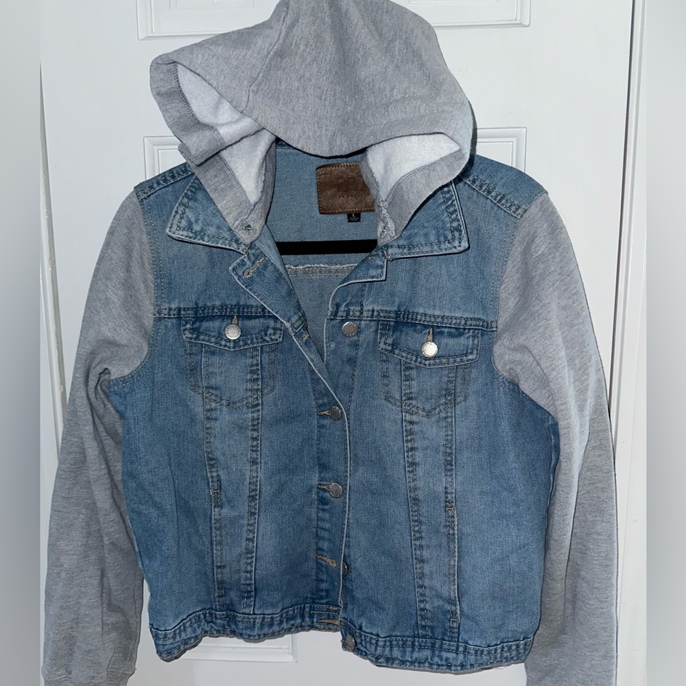 Denim and Gray Hooded Women's Jacket